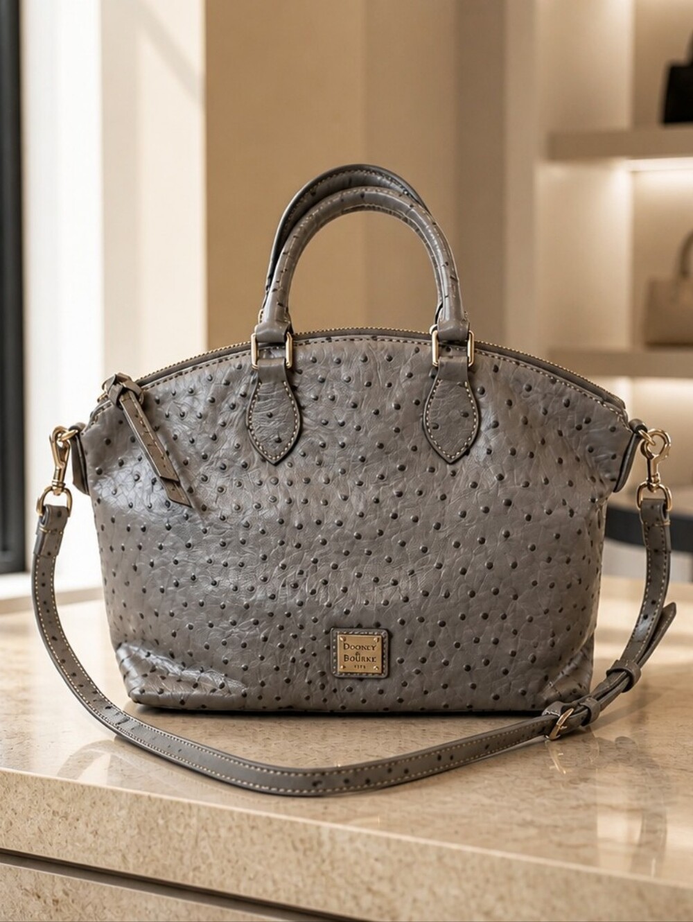 Dooney & Bourke Light Gray Ostrish Satchel with Removable Strap EUC